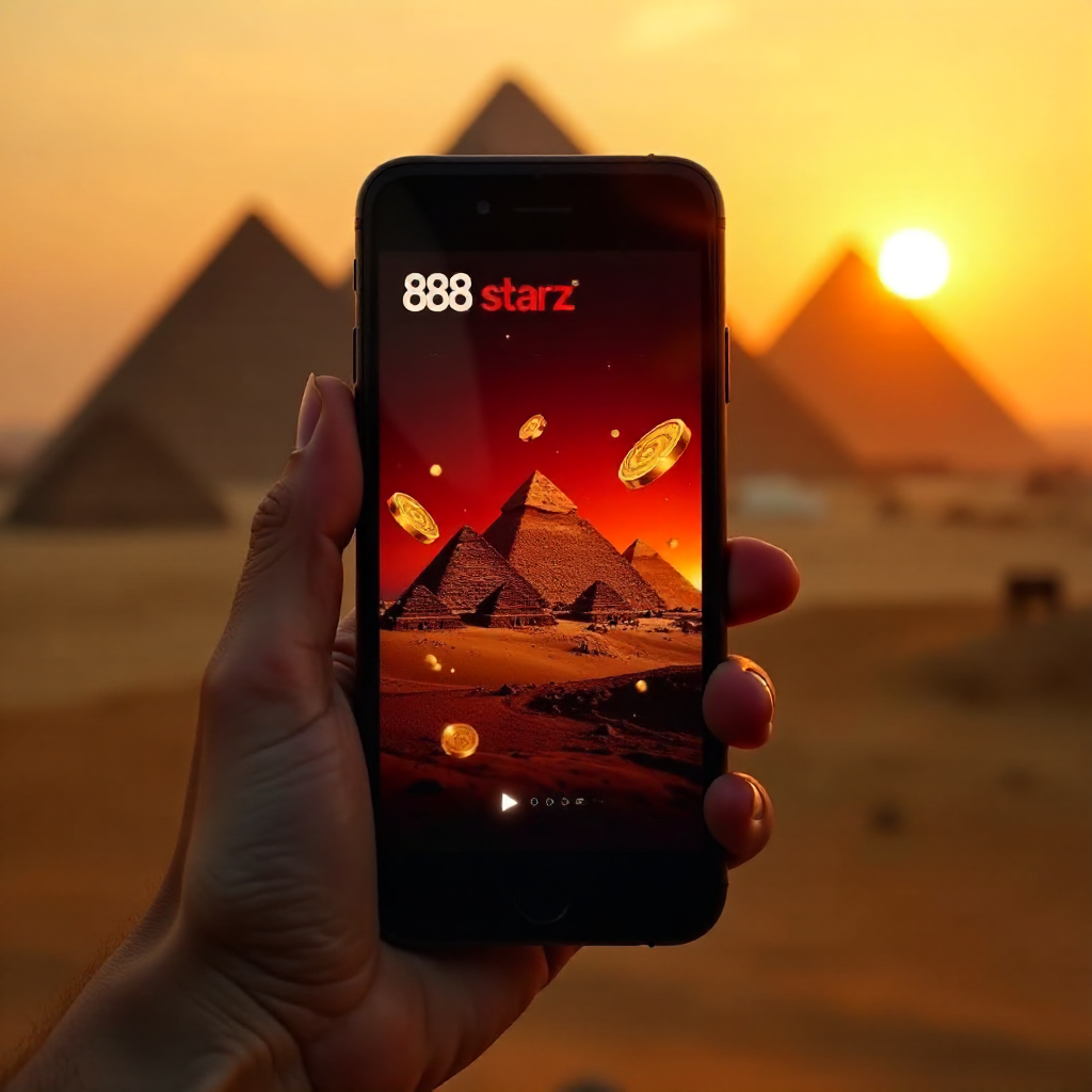 A hand holding a modern smartphone showing the 888starz logo, with the majestic Great Pyramids of Giza and a sunset sky in the background, official red and black branding colors, 3D gold coins and shimmering slot symbols flying out of the screen, hyper-re